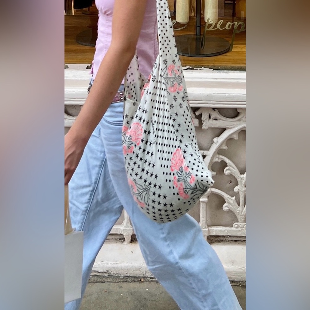 Free People Cream Shoulder Tote with Pink Floral Accents